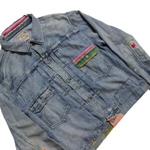 Mens Ralph Lauren Boho Patchwork Southwestern Light Wash Bomber Jacket Jimin